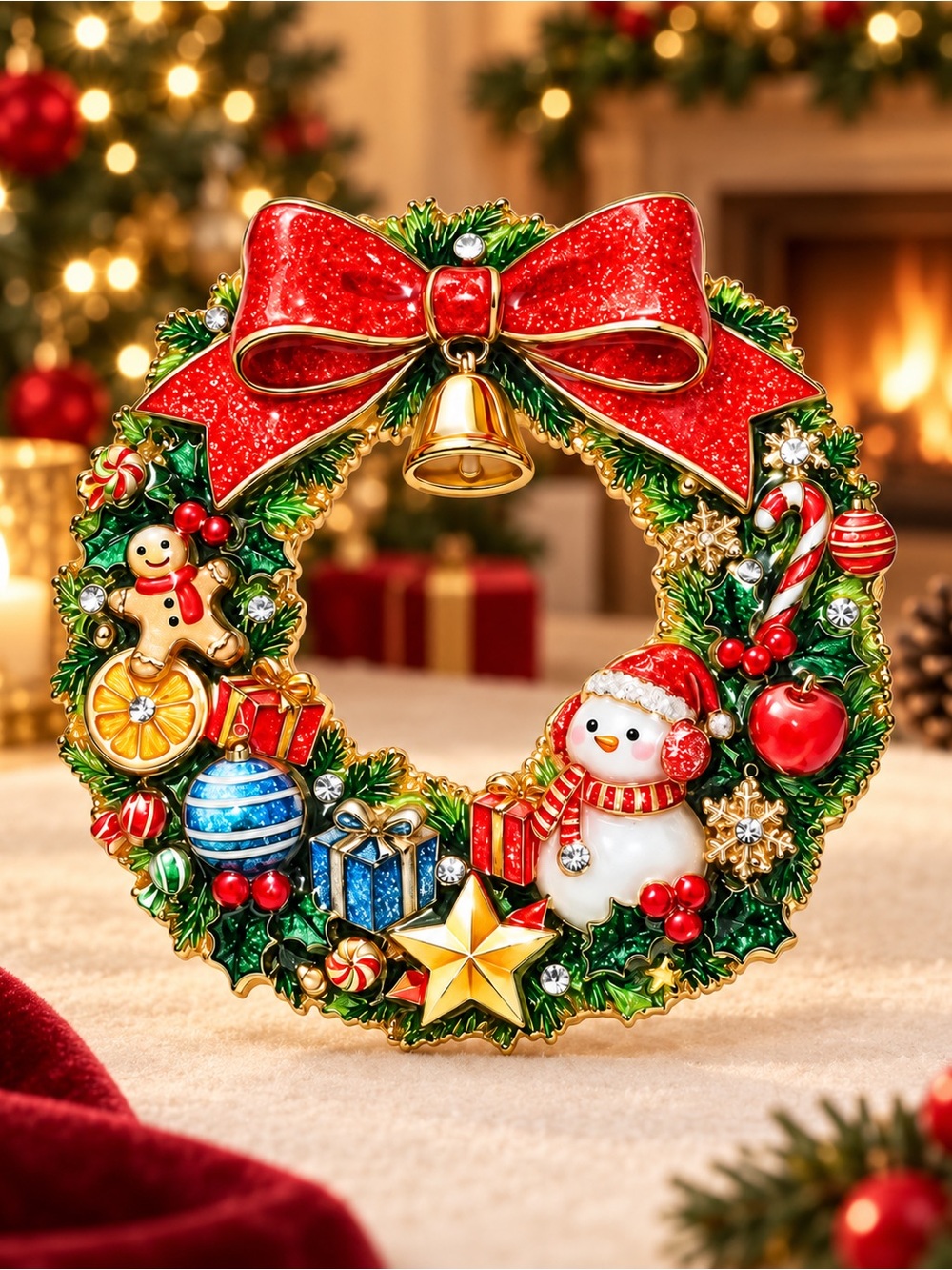 Cute Christmas Red Snowman Wreath Brooch